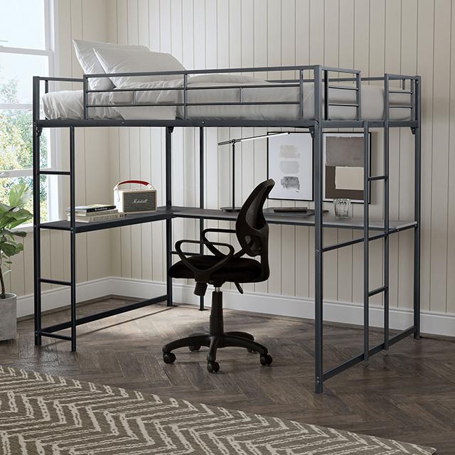 Cybill Full Loft Bed White, Silver, & Black